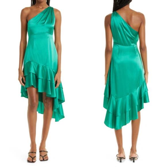 CINQ A SEPT Colina Satin One Shoulder Asymmetric Ruffle Dress Green Size 2 Chic - Picture 2 of 16
